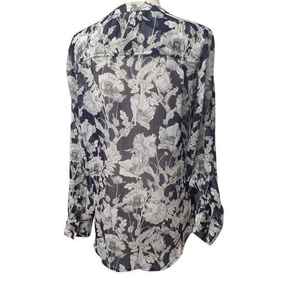 Liz Claiborne Sheer Top Button Down Blue Floral Long Sleeve Medium Blouse - Picture 5 of 13